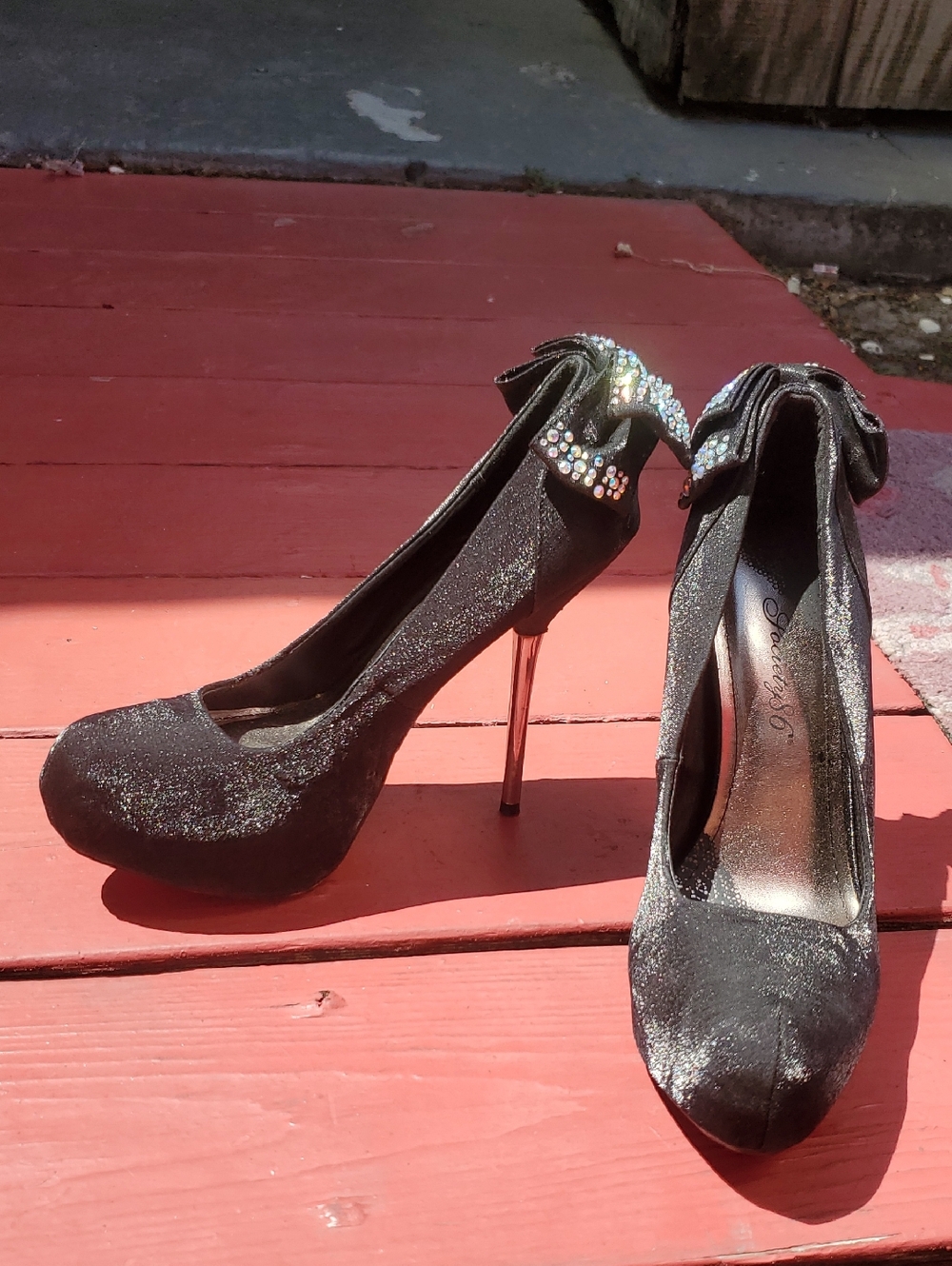 Black Glitter Stiletto Heels with Crystal Bow Accent, Brand New.